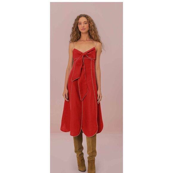 NWT Farm Rio Red Bow Linen Scalloped Midi Dress